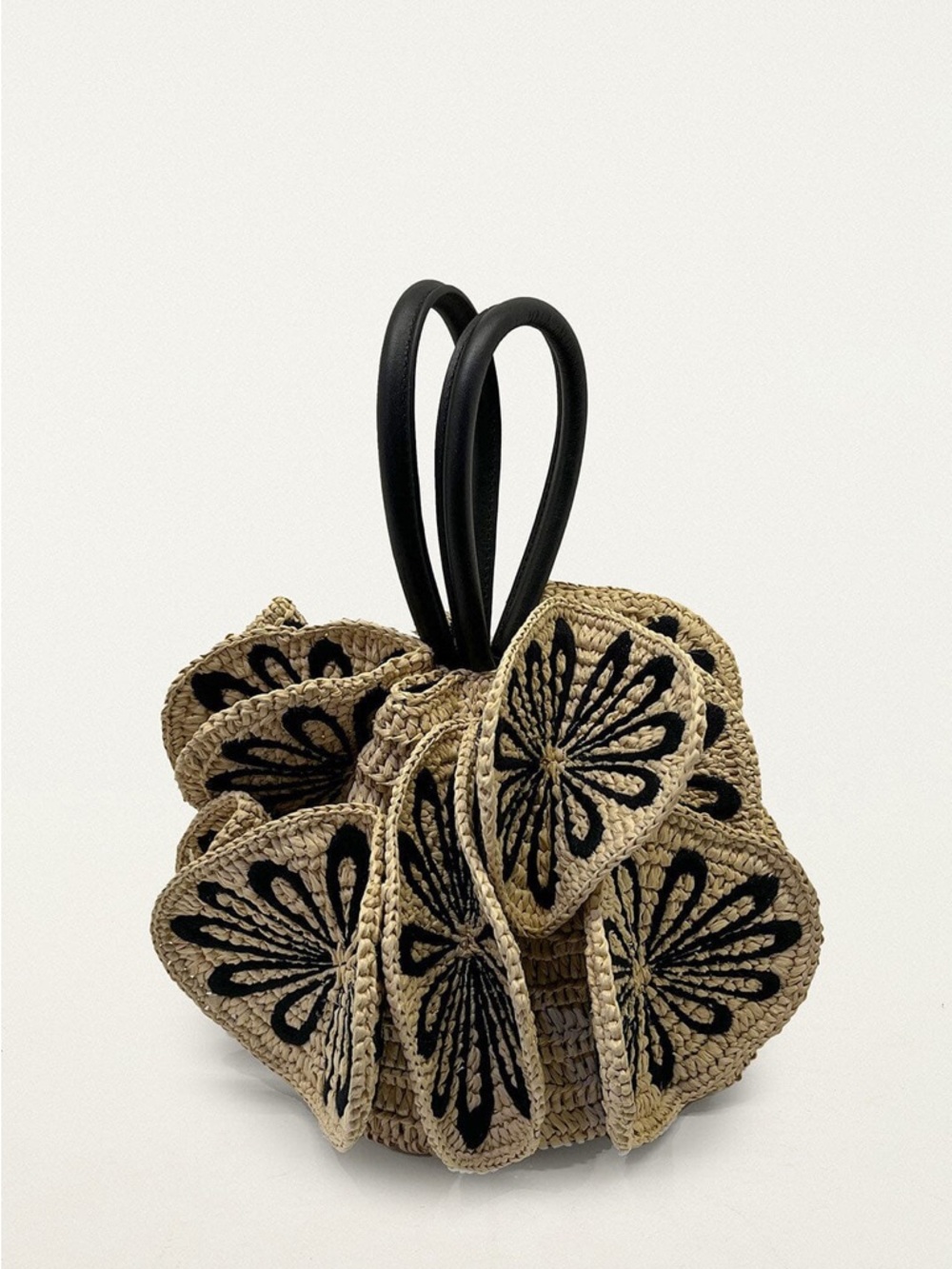 FARM Rio Beige Raffia Mini Bag with Black Floral Embroidery
